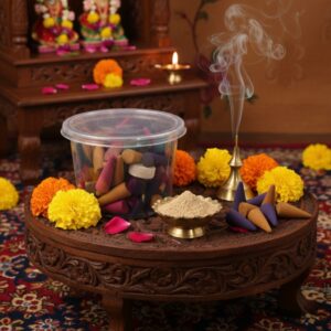 Navasugandh fragnance Dhoop Cones with Holder & Puja Samagri - Traditional Incense for Prayer & Meditation