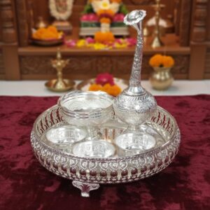 Latest German Silver Naksh Combo Pooja Set, 3 namalu bowls,one wide bowl self design,one paneeru chembu, one 10 inch urli (free rose fragnance essence and sugandh gandam for nalugu)