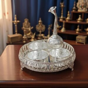 Latest German Silver Naksh Combo Pooja Set,3 namalu bowls, one sprinkler,one urli (arya)