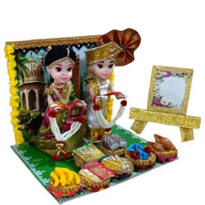 Traditional Indian Wedding Themed Decorative Doll Set, 6x8 Inch Display with Gold Accessories, Pearl Garlands, Ceremonial Offerings