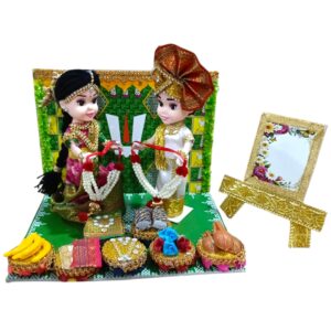 Traditional Indian Wedding Couple Decorative Dolls Set, Gold and White, 6x8 Inches, with Pearl Embellishments and Display Stand, Marriage Theme Gift
