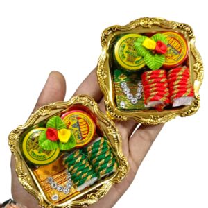 Traditional Indian Decorative Haldi Kumkum Holder, Gold-Plated Ornate Tray with Floral Design, Miniature Size for Pooja Ceremonies