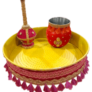 Traditional Haldi Ceremony Set with 14 Inch Jalleda Thali, Decorated Chembu and Rose Water Sprinkler, Free Rose Fragrance Essence (Jalleda,chembu and Sprinkler Combo Set)(raani)