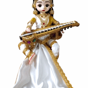 Traditional Saraswati Doll, Handcrafted Indian Classical Saraswati ma with Veena, White and Gold Decorative Statue with Pearl Embellishments, golu Decoration (13 inches)