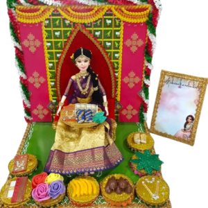 Half Saree Function Decorative Doll Set (12x12 inch) – Purple & Gold Lehenga with Golden Palace Backdrop