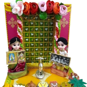 Indian Ethnic Handmade Traditional Gruhapravesham House Warming Theme Dolls Set with German Silver Cow and Calf Statue and Tulasi Tree,16x12 Inch (gruhapravesham Set 0b (12 * 12 inch))