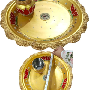 Traditional Haldi Ceremony/nalugu 14 Inch Jalleda Thali, Decorated Chembu, Free Rose Fragrance Essence (Kallu kadige Tatta and chemu Set)