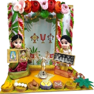 Indian Ethnic Handmade Traditional Gruhapravesham House Warming Theme Dolls Set with German Silver Cow and Calf Statue and Tulasi Tree,16x12 Inch (gruhapravesham00a Set (12 * 12 inch))