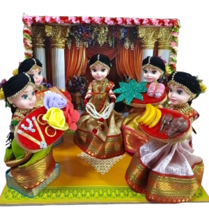 Indian Wedding Theme Doll Pair Set, 6 Inch Bride and Groom Dolls with Decorative Background and Base, 9x12 Inch (Dollsetpellikuturuvayanalu 0012026)