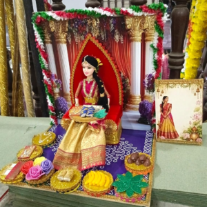 Half Saree Ceremony Set Function Decorative Doll Set (12x12 inch) – rani & Gold Lehenga with Floral Mandap Backdrop