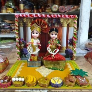 Indian Wedding Theme Doll Pair Set, 6 Inch Bride and Groom Dolls with Decorative Background and Base, 9x12 Inch (Dollset0052026)
