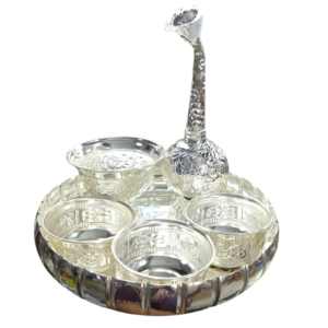 VJP German Silver Nalugu Combo Set with 4 Bowls, Plate & Sprinkler(free astagandh,rose water,haldikumkum)