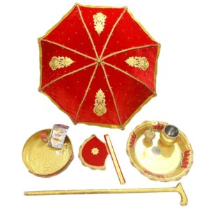 Wedding Kasiyatra / Kaasi yathirai set /kanyadhaan ritual set with Red and Gold Umbrella, Decorative Hand Fan, hand stick , Haldi jalleda , kallu kadige tatta, chembu and rose water sprinkler (free Rose Fragrance and  nalugu sugandham , Kalyana Bindi Pack,parani/alta)